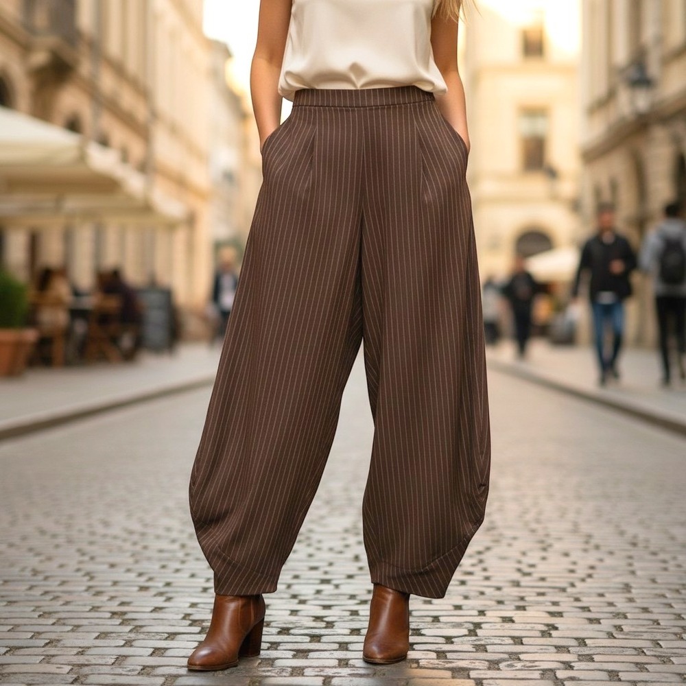 NWT Zara S Brown Pinstripe Wide Leg Pants Linen Cotton BlendHigh Rise Trouser